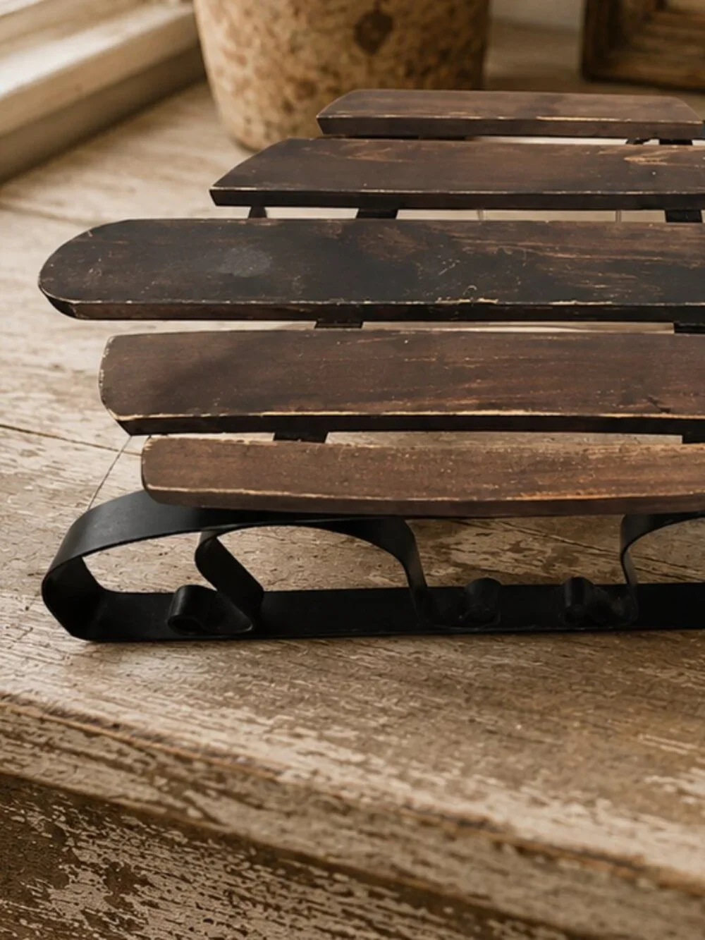 Vintage Rustic Primitive Wooden Snow Sled With Rope Porch Decor